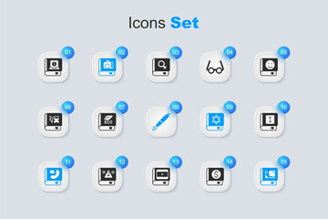 Set Financial book, Book about ecology, Photo album gallery, Phone, geometry, User manual and Fountain pen nib icon. Vector