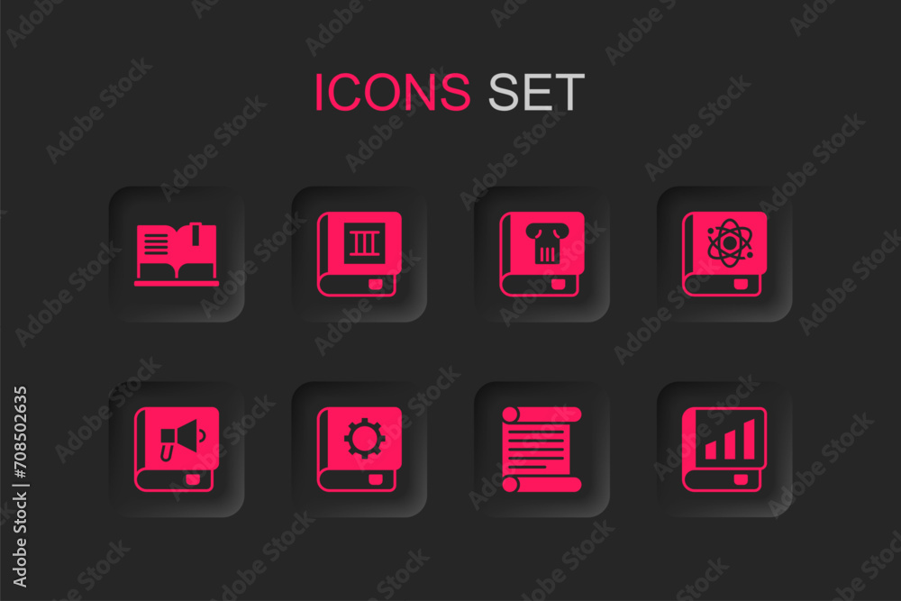 Sticker Set User manual, Book, Open book, Decree, parchment, scroll, about physics, Financial, History and icon. Vector