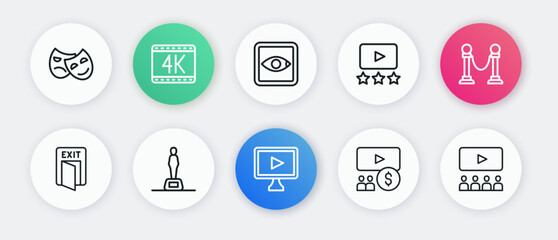 Set line Online play video, Rope barrier, Fire exit, Cinema auditorium with screen, Rating movie, and Movie trophy icon. Vector