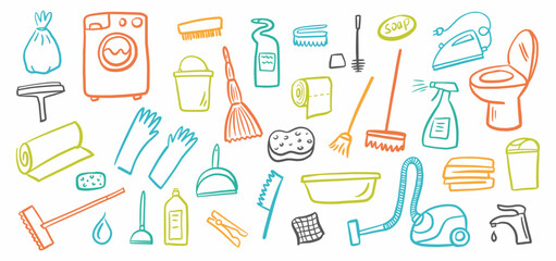 Vector collection of household cleaning, washing and disinfection equipment hand-drawn in doodle style