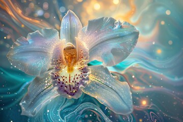 A surreal and shimmery white orchid close-up. Ai generative