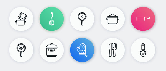 Set line Oven glove, Frying pan, Fried eggs on frying, Crossed knife and fork, Cooking pot, Pizza and Slow cooker icon. Vector