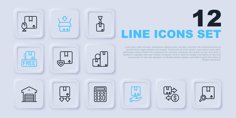 Set line Tax cardboard box, Search package, Delivery security with shield, hand, Cardboard free symbol, traffic, Carton and Calculator icon. Vector