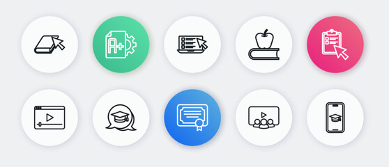 Set line Certificate template, Online quiz, test, survey, play video, class, Book with apple, Graduation cap on mobile and speech bubble icon. Vector