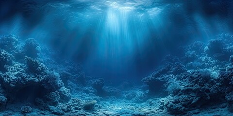panorama of deep sea underwater scene with volume lights
