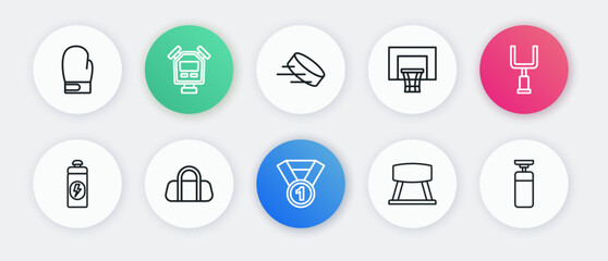 Set line Medal, American football goal post, Fitness shaker, Pommel horse, Basketball backboard, Hockey puck, Punching bag and Sport icon. Vector