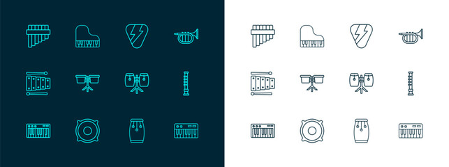 Set line Trumpet, Stereo speaker, Conga drums, Bongo, Guitar pick, Pan flute and Grand piano icon. Vector