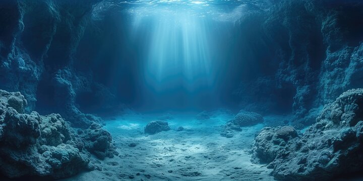 panorama of deep sea underwater scene with volume lights