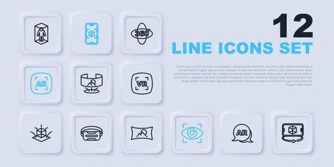 Set line Augmented reality AR, 3d modeling, 360 degree view, Big brother electronic eye, Virtual glasses, and Wide angle picture icon. Vector