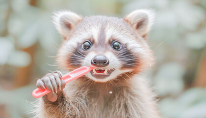 Funny scene, Raccoon brushes teeth, Pet Dental Health Month celebration, concept Animals, generative ai