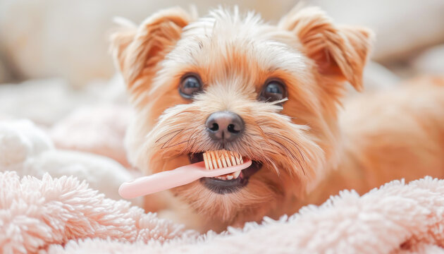 Adorable dog, brushes teeth at the dentist, Pet Dental Health Month celebration, concept Animals, generative ai