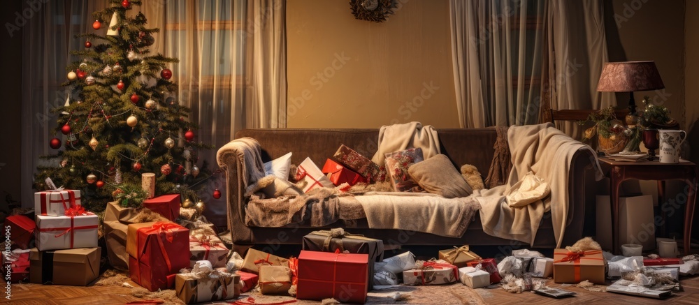 Sticker Christmas Eve chaos: presents unwrapped, living room in disarray under the tree. Authentic photo.