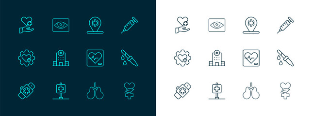 Set line Syringe, Location hospital, Heart rate, Lungs, Hospital building, with cross and Red eye effect icon. Vector