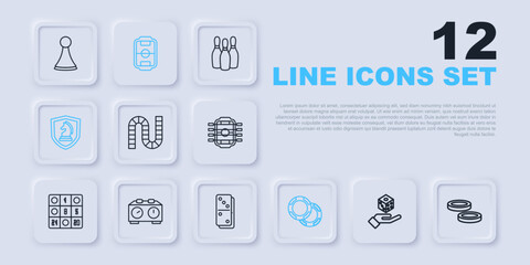 Set line Game dice, Checker game chips, Board, Casino, Chess, Time chess clock, Table football and Domino icon. Vector