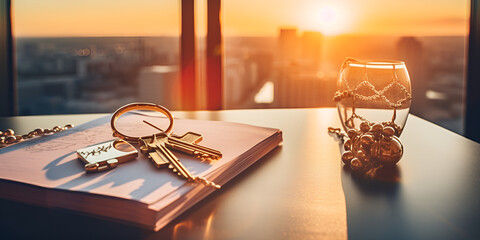 Fototapeta na wymiar Keys on the table in new apartment against the background of sunset and large windows. Mortgage, investment, rent, real estate, property concept