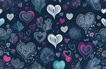 Hand drawn hearts and love signs romantic seamless pattern. Isolated drawn monochrome repeating patterns on a dark background. Cute doodle heart style seamless pattern on dark background