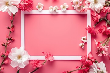 Flowers around a white frame on pink. March 8th day concept