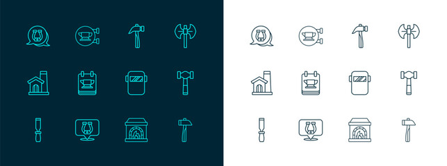 Set line Medieval poleaxe, Horseshoe, Welding mask, Blacksmith oven, anvil tool, Hammer, and icon. Vector