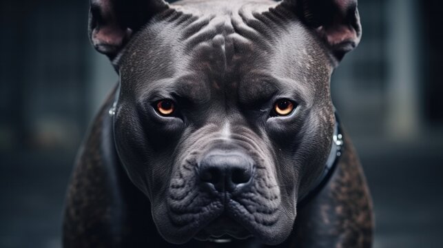 Illustration of an Aggressive American Bully Dog with a Tattooed Face and Terrier Features Ready to Attack as a Vectorized Pet Animal Image.