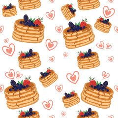 Pancake seamless pattern, dessert on white background, Doodle hand drawn bakery, Vector illustration, Pancake for children textile, fabric and wallpaper.