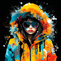 Painting of a young woman wearing a brightly colored woolen winter coat.