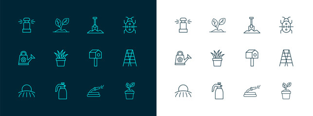 Set line Colorado beetle, Garden sprayer for water, Bird house, hose, Plant in pot, Shovel, Automatic irrigation sprinklers and Sprout icon. Vector