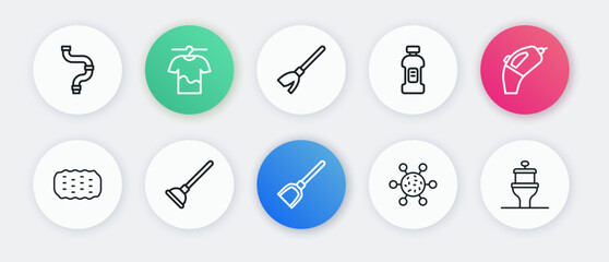 Set line Dustpan, Portable vacuum cleaner, Sponge, Bacteria, Bottle for detergent, Handle broom, Toilet bowl and Rubber plunger icon. Vector