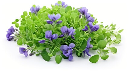 Naklejka na ściany i meble Fresh and Vibrant Medicago Sativa Alfalfa Plant with Blue Flowers, Green Leaves, and Nutritious Seeds Isolated on a White Background