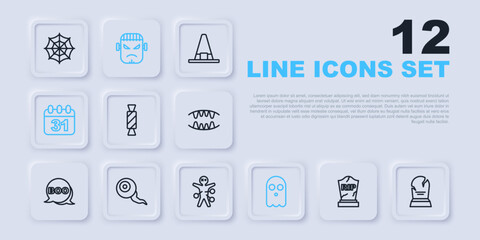 Set line Tombstone with RIP written, Candy, Ghost, Halloween date 31 october, Eye, Frankenstein face and Voodoo doll icon. Vector