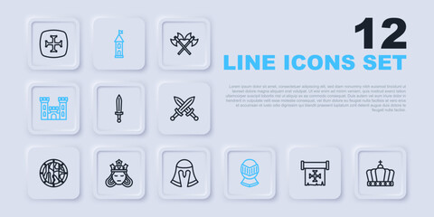 Set line Crusade, King crown, Medieval sword, helmet, Castle, Princess queen, tower and icon. Vector