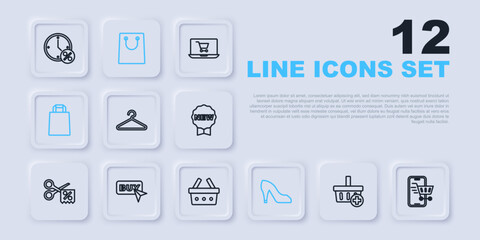 Set line Add to Shopping basket, Mobile with shopping cart, Hanger wardrobe, Woman shoe, Paper bag, Buy button, and icon. Vector