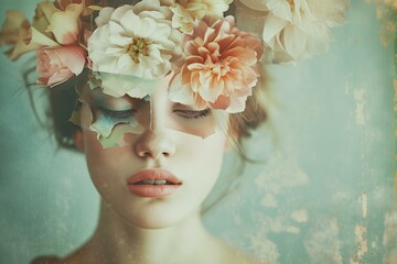 woman portrait with flower collage on the face, muted colors, surreal