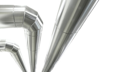 Metal pipes isolated on a white background, distribution duct pipelines, banner with copy space, heating and cooling plant air ventilation ductwork. HVAC system