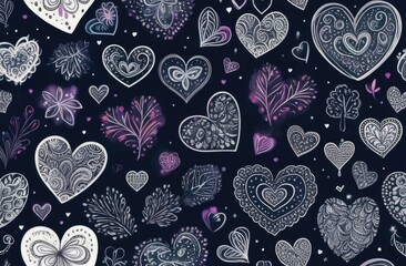 Hand drawn hearts and love signs romantic seamless pattern. Isolated drawn monochrome repeating patterns on a dark background. Cute doodle heart style seamless pattern on dark background