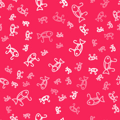 White line Fishing lure icon isolated seamless pattern on red background. Fishing tackle. Vector