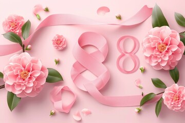 Happy women's day background with ribbon, pink flowers on pink background