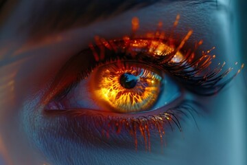 A close-up beautiful eye of a female person. burning glowing fire in the eye iris. Ai generative