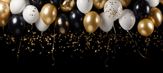 Gold, white and black balloons and golden glitter confetti, isolated on black background