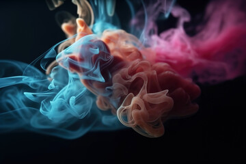 Abstract image of blue and pink clouds of smoke mixing on a dark background