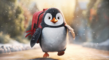 Portrait of a young penguin running to school