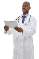 Studio, black man and doctor reading tablet information of medical project, medicine report or online research data. Cardiology, healthcare or African surgeon with clinic feedback on white background