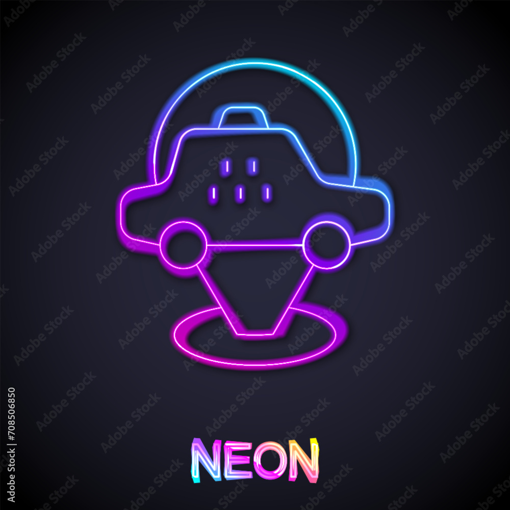 Poster glowing neon line map pointer with taxi car icon isolated on black background. location symbol. vect