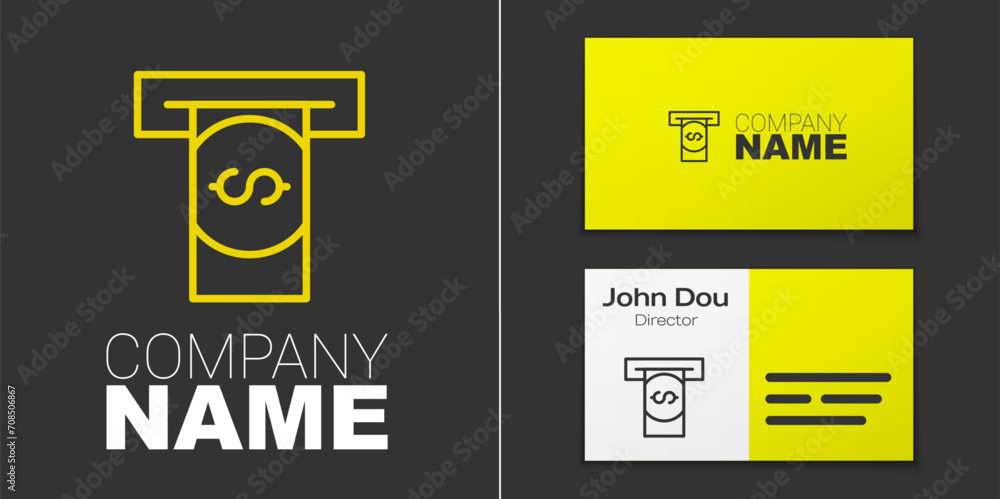 Poster logotype line atm - automated teller machine and money icon isolated on grey background. logo design