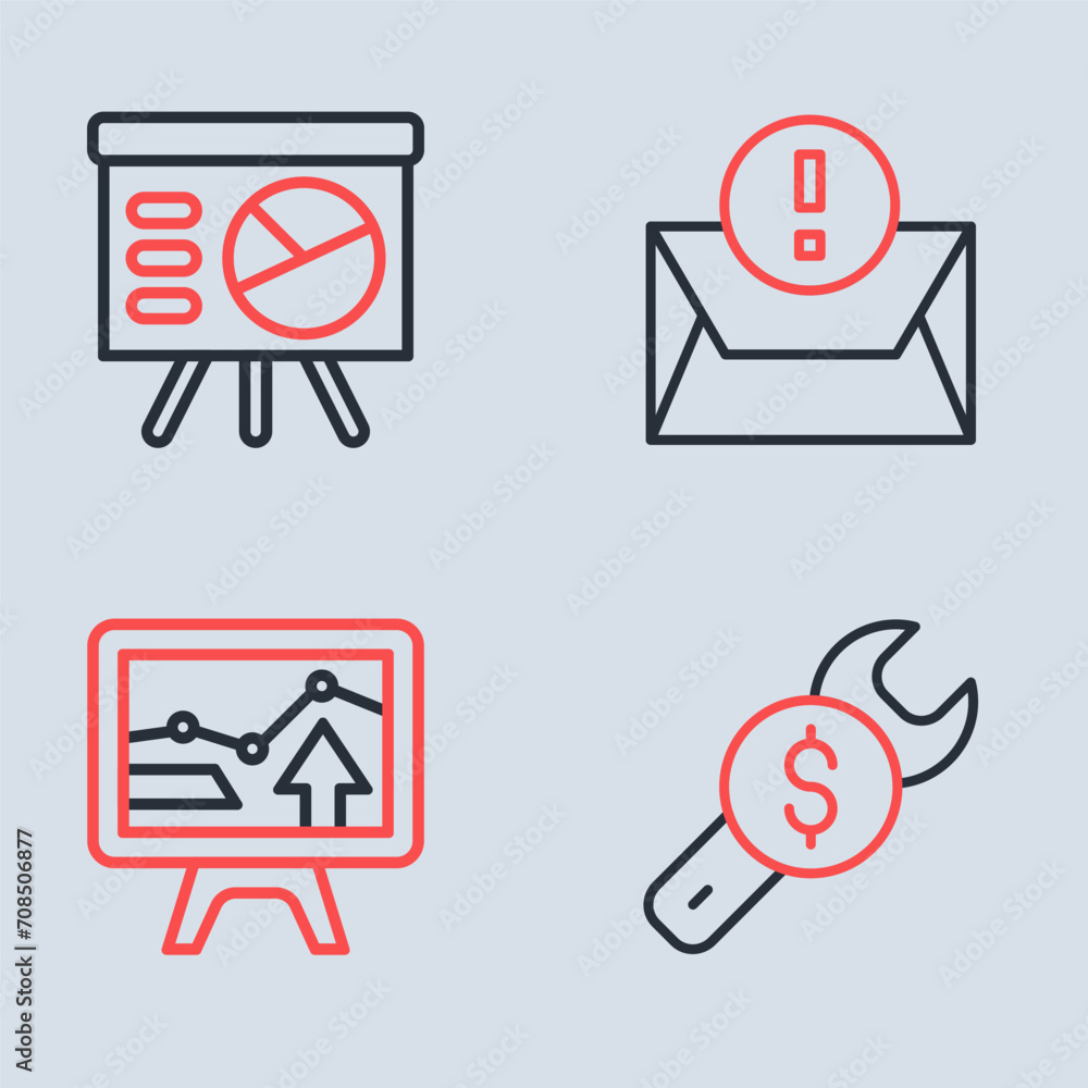 Poster set line envelope, monitor with graph chart, repair price and board icon. vector