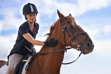 Love, horse riding or equestrian in countryside or outdoor with rider or jockey for recreation or...