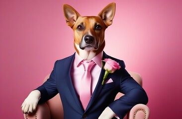 a serious humanoid dog in a blue business suit with a rose in the buttonhole of his jacket on a pink background. - obrazy, fototapety, plakaty