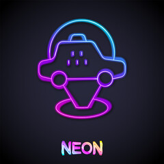 Glowing neon line Map pointer with taxi car icon isolated on black background. Location symbol. Vector