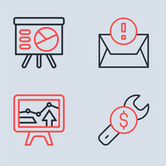 Set line Envelope, Monitor with graph chart, Repair price and Board icon. Vector