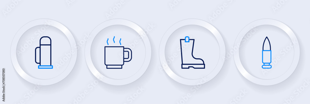 Poster Set line Bullet, Waterproof rubber boot, Coffee cup and Thermos container icon. Vector