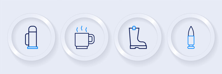 Set line Bullet, Waterproof rubber boot, Coffee cup and Thermos container icon. Vector